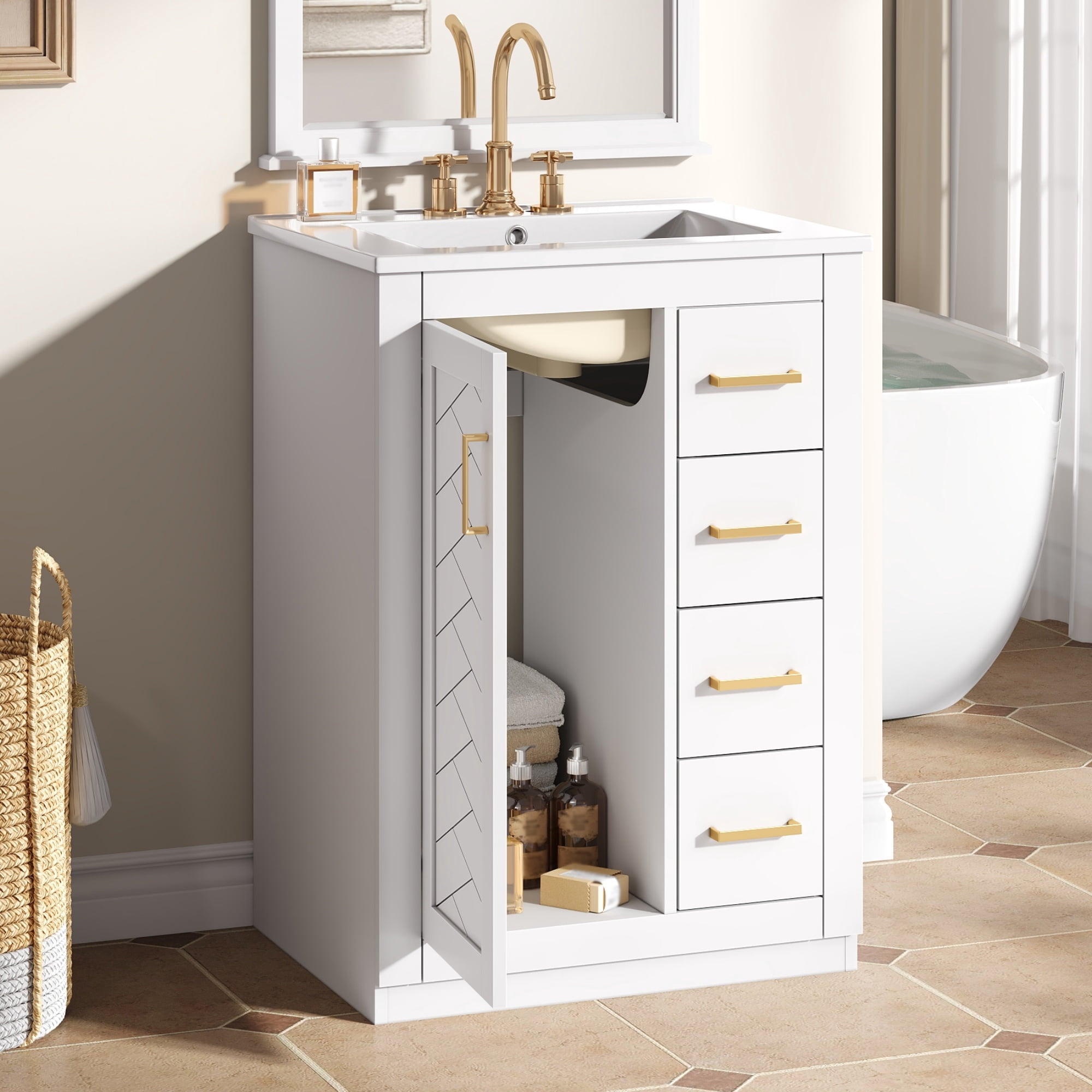 Euroco 24" Bathroom Vanity with Integrated Ceramic Sink, Bathroom Cabinet with 1 Door, 3 Drawers, Single Sink Bathroom Vanity for Small and Medium Restroom, White