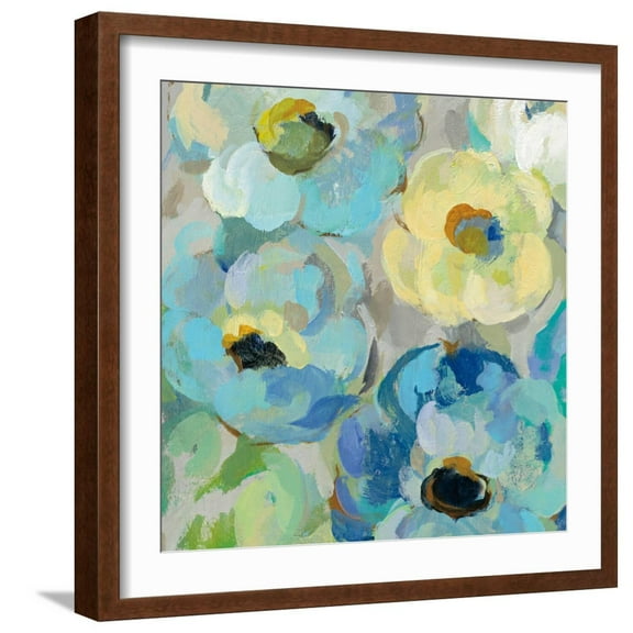 Art.com Fresh Teal Flowers II Art Print by Silvia Vassileva, Brown Frame Wall Art, 21" x 21"