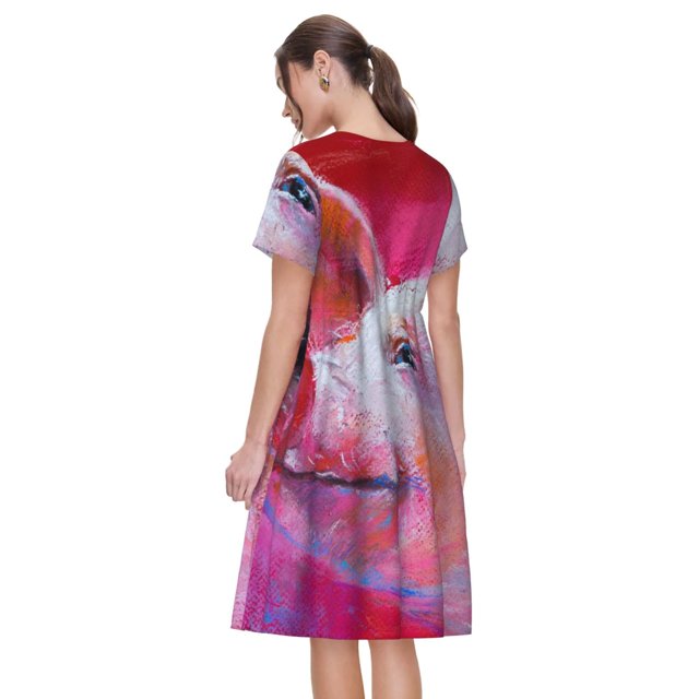 Bixox Robe d'Été à Manches Courtes pour Femmes Robe Ample Longueur Genou avec Poches-Pig