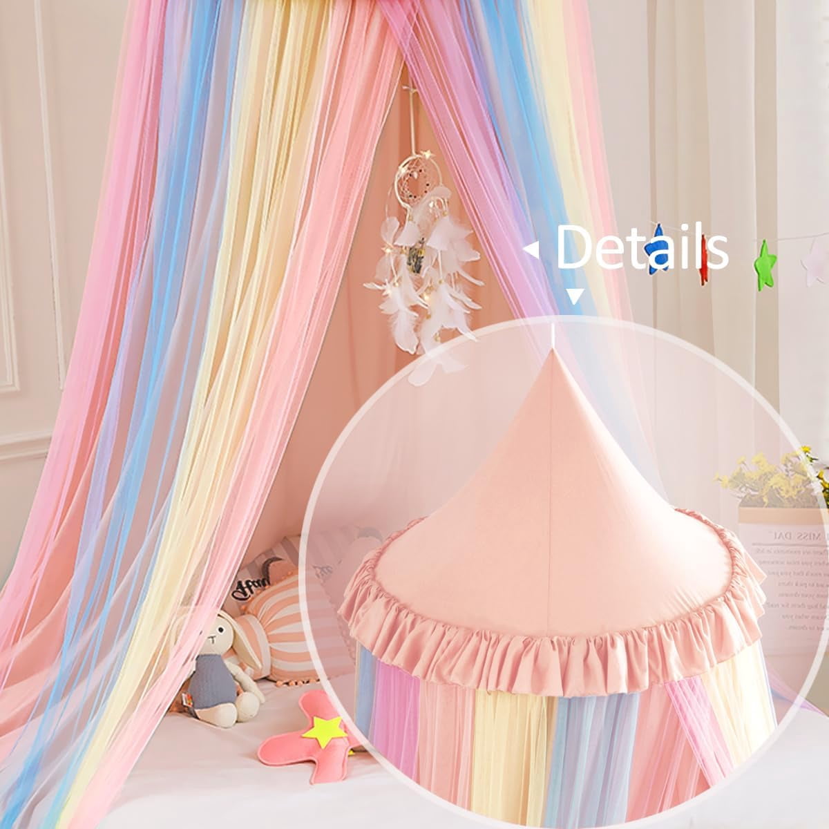 Rainbow Bed Canopy Dreamy Mosquito Net for Bed Round Dome Princess Bed Canopy Room Play Tent Canopy Bed Netting Curtains (Beige Pink Rainbow)