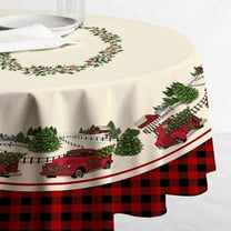 Christmas Table Cloth,Christmas Tablecloth Round 60 x 60,Wrinkle Resistant and Washable Xmas Red Truck Tablecloth,Perfect for Kitchen Dinner,Family Gathering,Holiday Dining Room Table