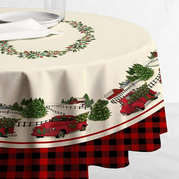 Christmas Table Cloth,Christmas Tablecloth Round 60 x 60,Wrinkle Resistant and Washable Xmas Red Truck Tablecloth,Perfect for Kitchen Dinner,Family Gathering,Holiday Dining Room Table