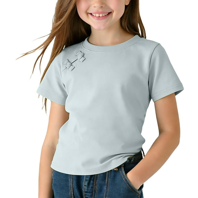 Blusas y camisas de manga corta con cuello redondo para niños, primavera y verano, color liso, manga corta, cuello redondo, camiseta para niños, parte superior de poliéster para niños
