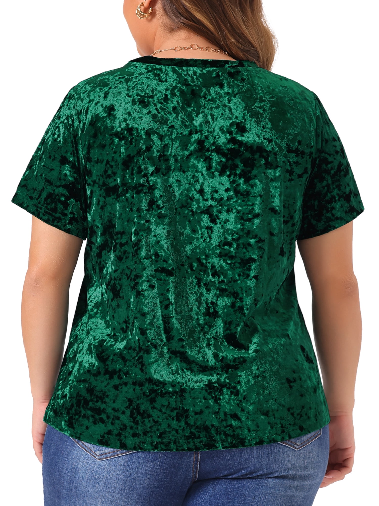 DARING DIVA Women's Plus Crew Neck Short Sleeve Tee Tops Velvet T-Shirt 1X Dark Green