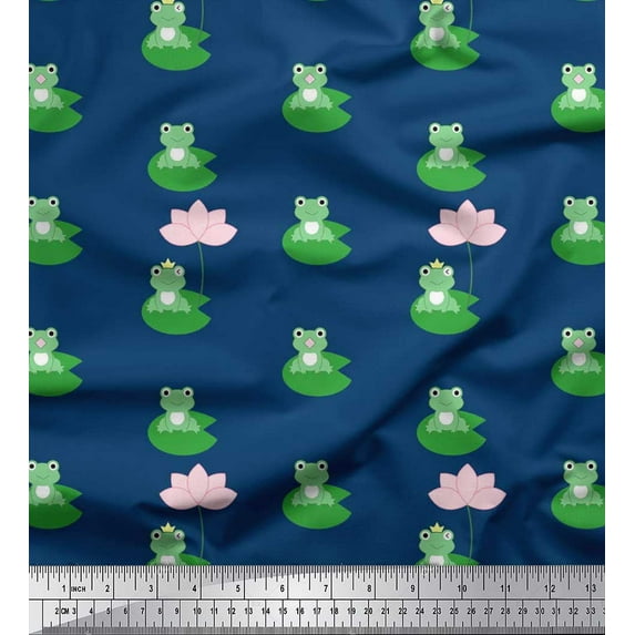 Soimoi Poly Georgette Fabric Lotus & Frog Kids Printed Craft Fabric by The Yard 52 Inch Wide