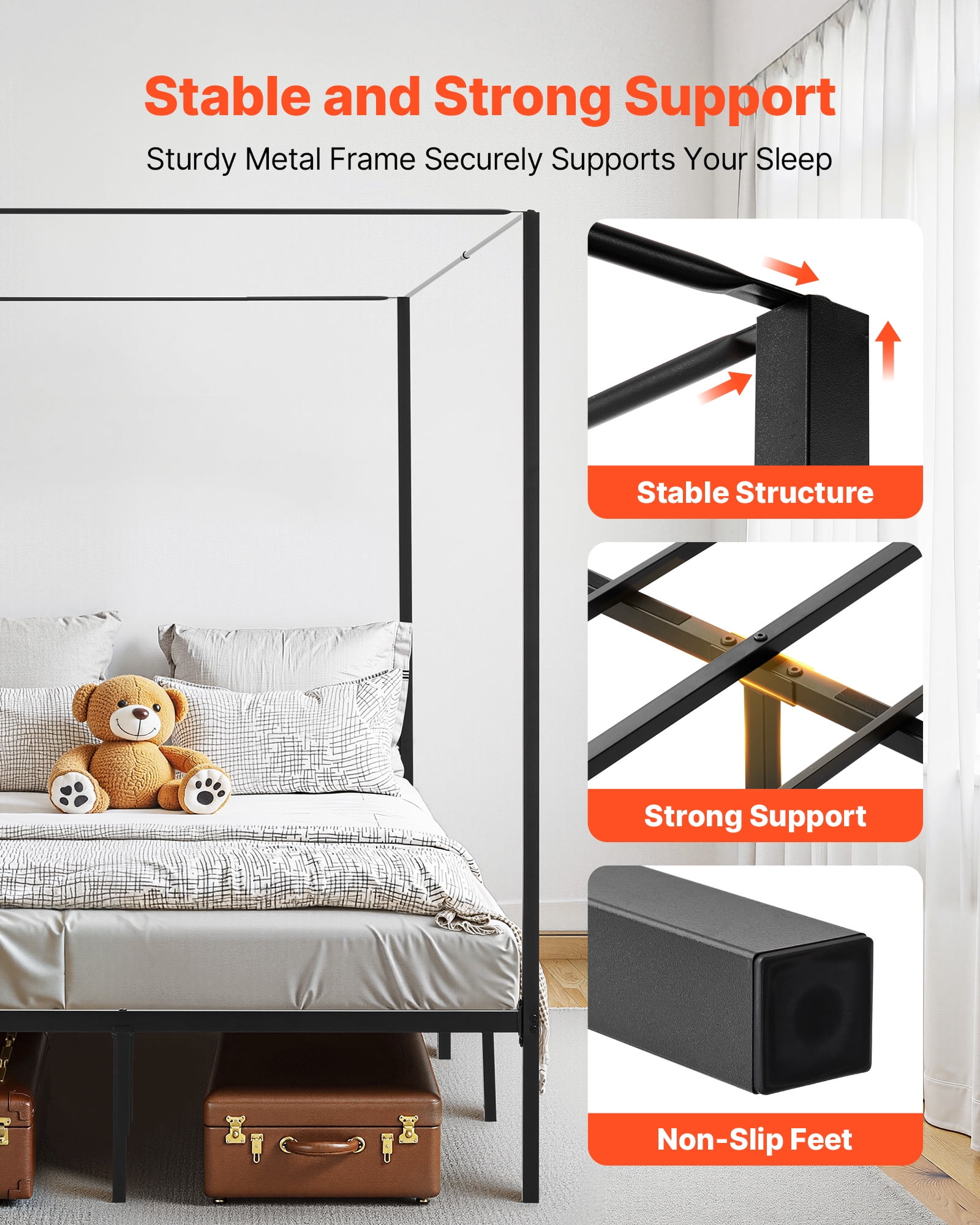 VEVOR Queen Size Canopy Bed Frame, Metal Canopy Bed with Four Posters Design, Heavy Duty Steel Slats Support, Underbed Storage Space, No Box Spring Needed, Easy Assembly, Black