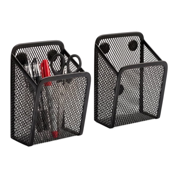 2 Pack Magnetic Mesh Pen Holder, Square Black Wire Mesh Pencil Holder, Multi-Purpose Storage Organizer for Desk, Whiteboard, Refrigerator, Locker