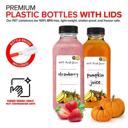 Plastic 16oz Reusable Juice Bottles with Caps, 12 Pack, Clear Smoothie Drink Containers by Stock Your Home