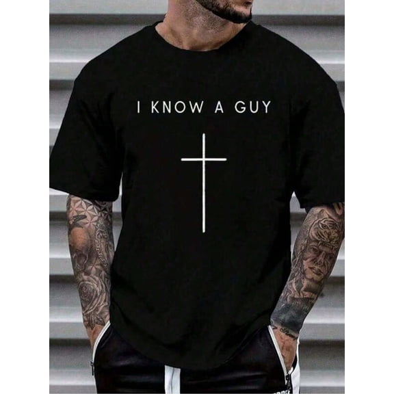 Men's Christian Graphic T-Shirt, I Know A Guy Cross Faith Print, Cotton Crew Neck Short Sleeve Inspirational Tee, Casual Religious Shirt for Everyday Wear
