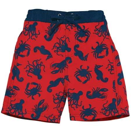 Sun Smarties Boys Swim Shorts - Red Sealife Design - Mesh-Lined Boardshorts Swimwear Trunks