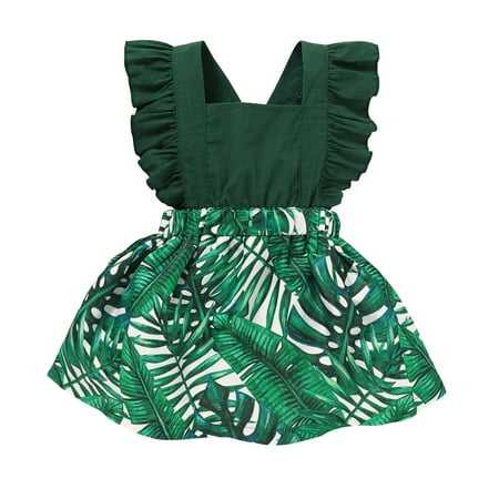 

OLLUISNEO Infant Baby Girls Dress Square Neckline Ruffle Sleeveless Leaf Print Dress 18-24 Months