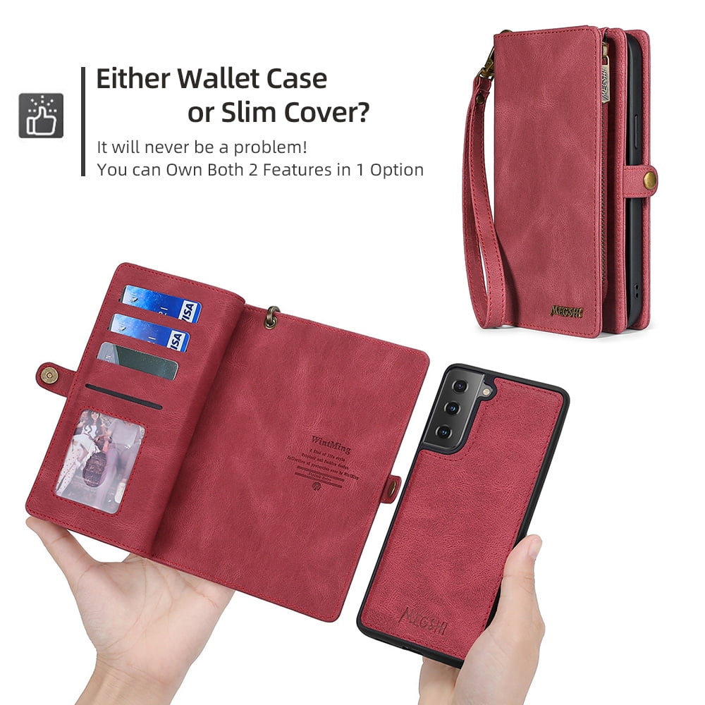 Allytech Case for Samsung S22 Cover for Galaxy S22 2022(6.1"), Durable PU Leather Magnetic Flip Lanyard Wristlet Strap Zipper Card Holder Phone Wallet Case for Galaxy S22 [5G], Red