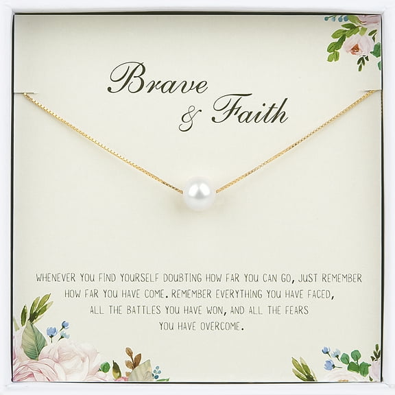 Anavia Brave and Faith Necklace Motivational Gift Necklace from Dad to Daughter, Encouragement Gift for Friend-[White Pearl   Gold Chain]