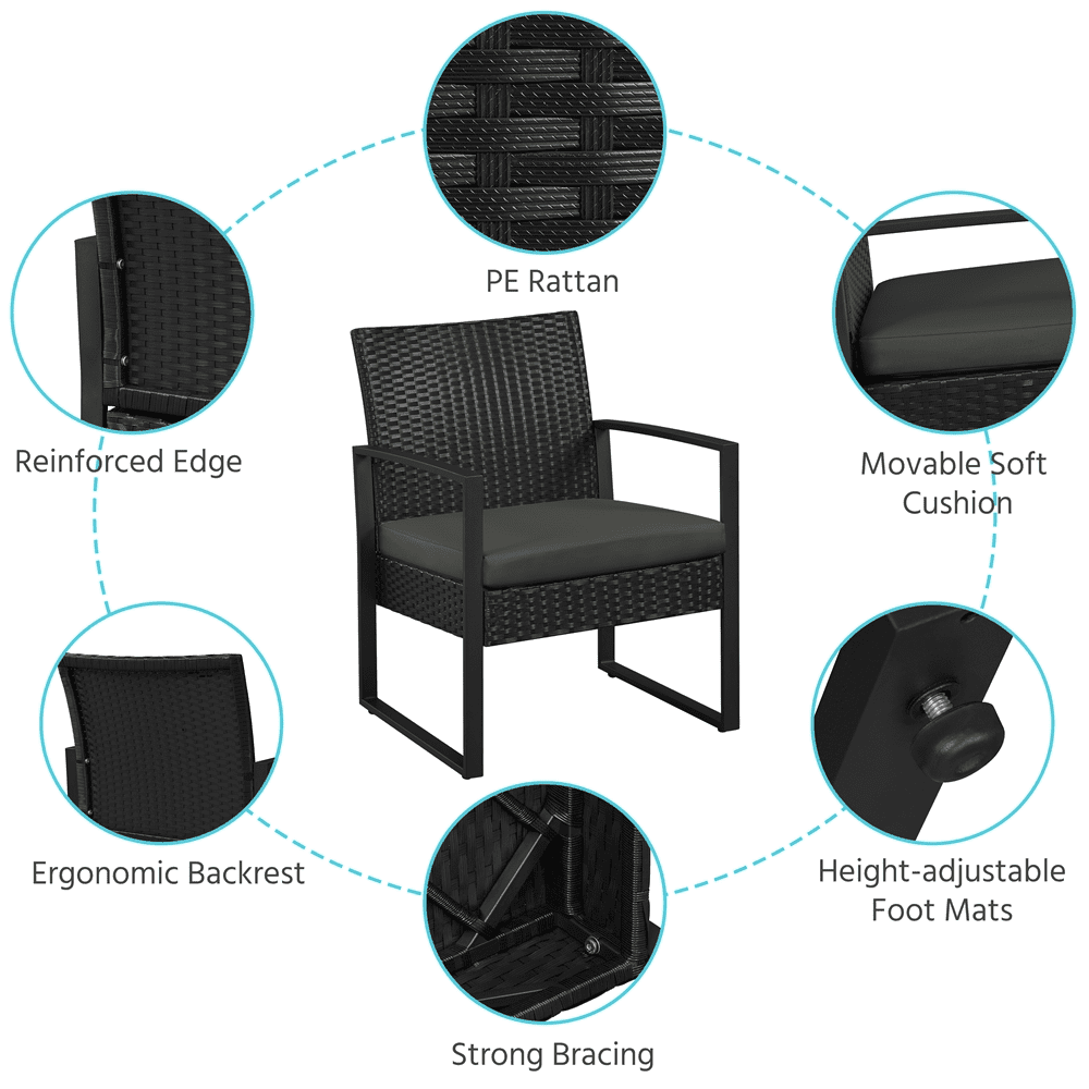 Renwick 3-Piece Patio Set Rattan Chairs & Table for Outdoor, Black/Gray