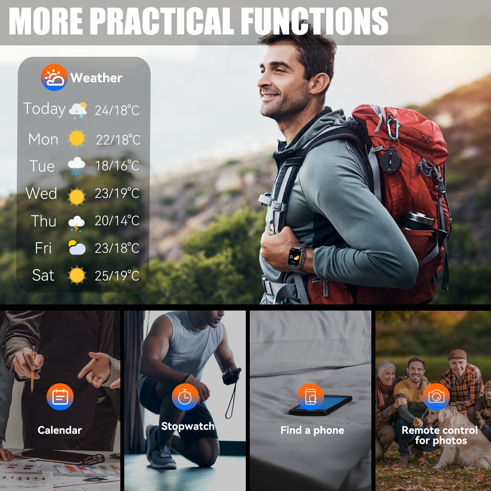 EIGIIS Smart Watch for Men 1.96" HD Big Screen Rugged Outdoor Waterproof Sports Watch Weather Step Counter Fitness Tracker Smartwatch for iOS Android Phones