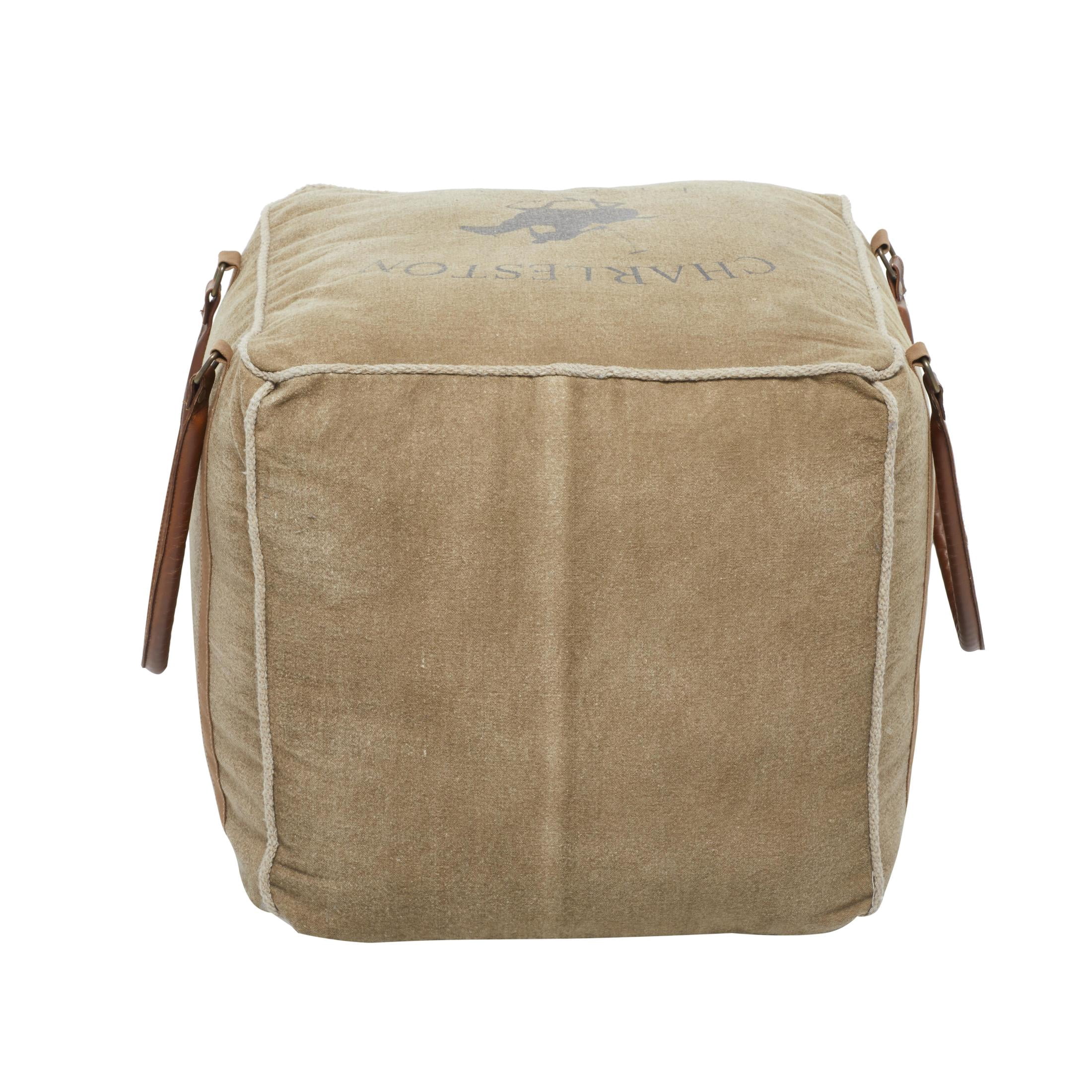 DecMode Rustic and Organic Square Ottoman Fabric Pouf features Tan Canvas and Brown Leather Handles with a Star Design, 20"W x 19"H