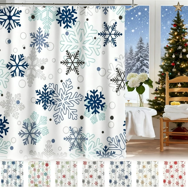 Bowayaoa Ensemble de Rideau de Douche Imperméable Flocon de Neige de Noël avec Crochets, Rideau de Salle de Bain Festif Bleu Rouge Vert en Polyester, Installation Sans Perçage, Décor des Fêtes Coloré