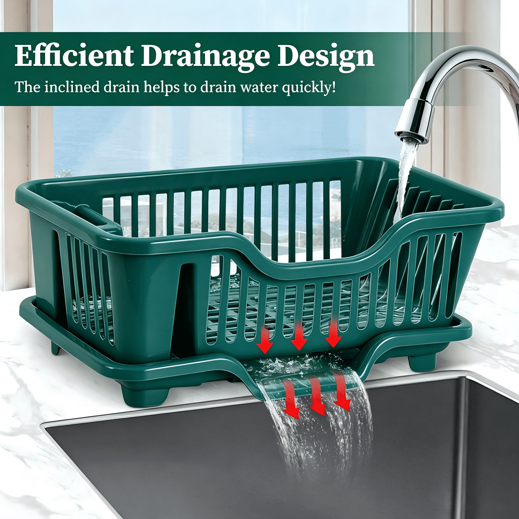 Dish Drying Rack Dish Strainers Cutlery Holder Utensils Holder Dish Rack and Drainaboard Set for Kitchen Countertop Dining Room Restaurant Dark Green