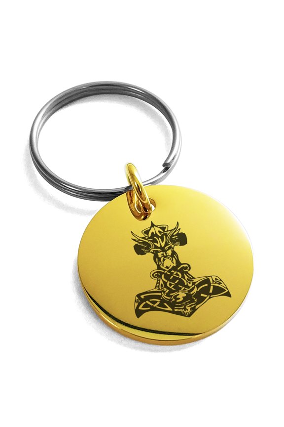 Stainless Steel Asgard Mjolnir Thor's Hammer Viking Norse Engraved Small Medallion Circle Charm Keychain Keyring