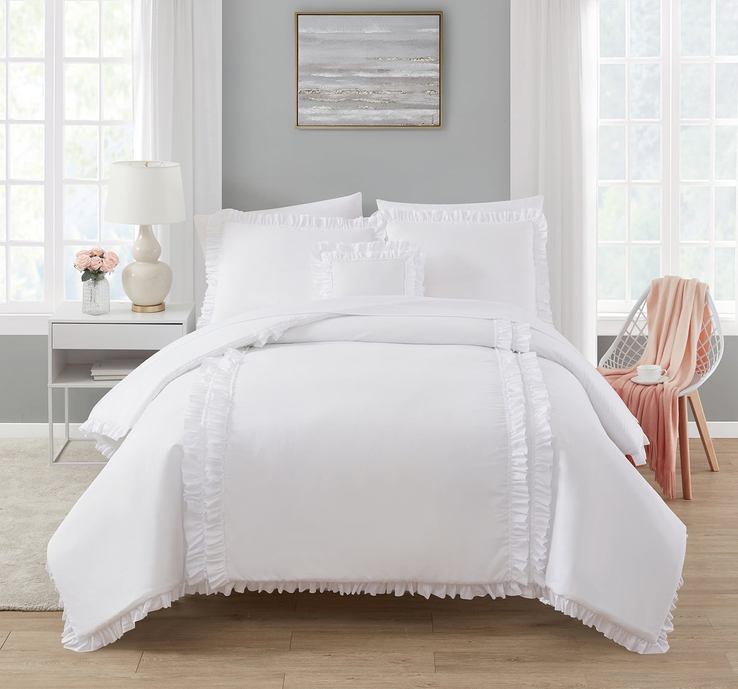 White Luxury Bedding Set Raised Ruffle Design Single Double Super King Cushion 