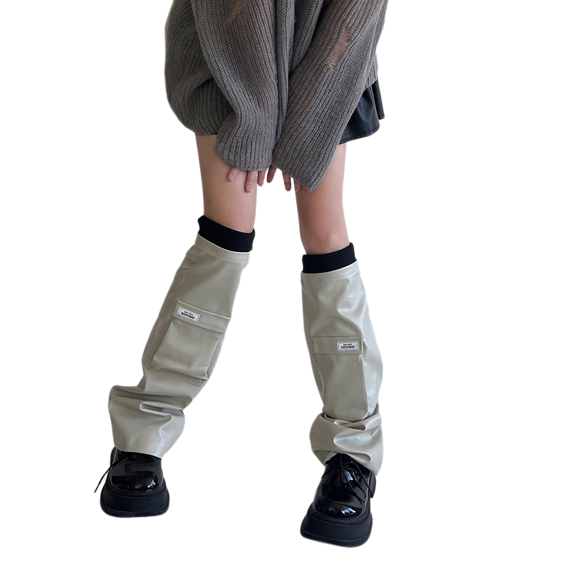 Women's Leather Leg Warmers Punk Style Flap Pocket Knee High Socks 