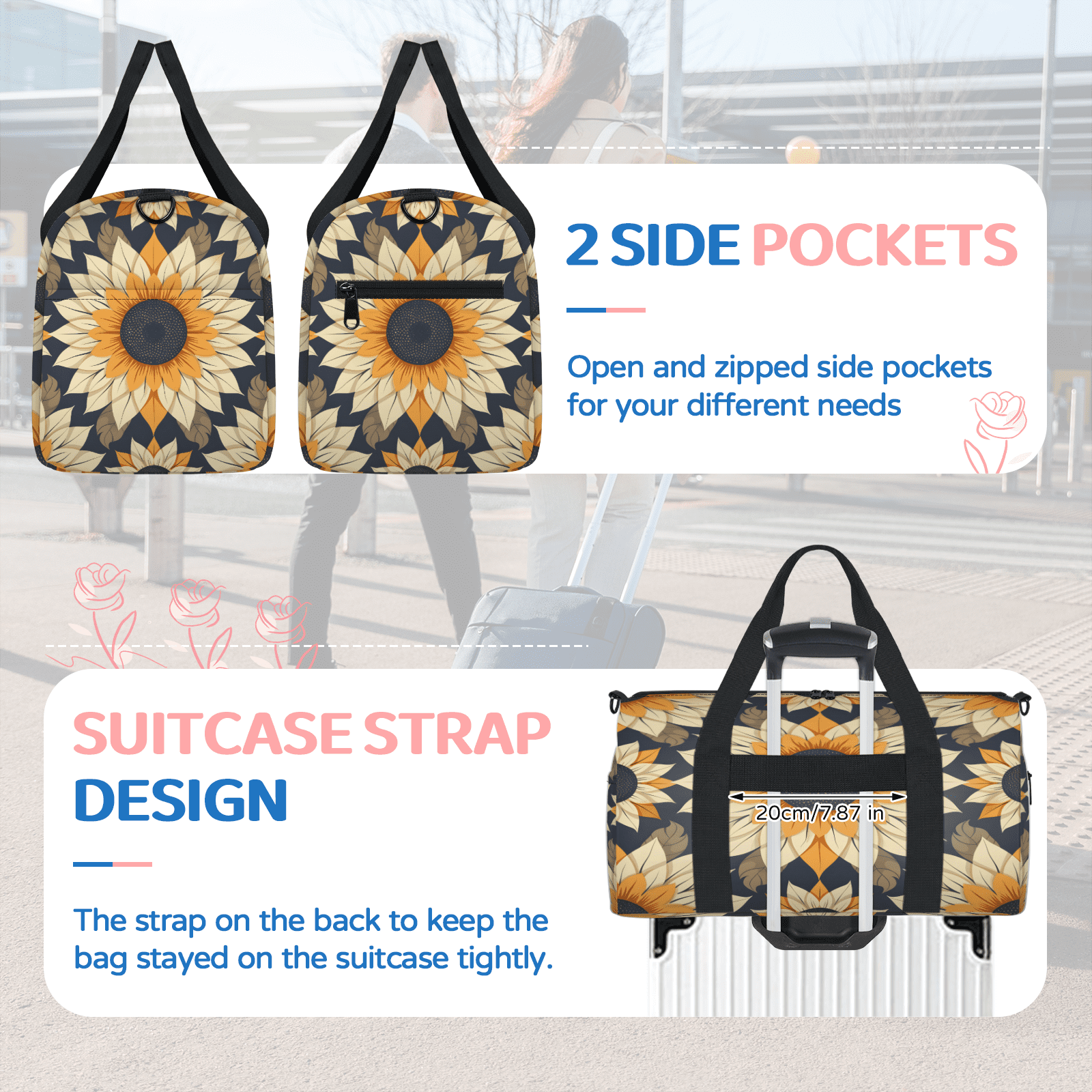 Herdesigns Sunflower Gym Bag for Women, Duffle Bag for Travel Sport, Flower Lightweight Waterproof Carry on Weekender Dance Yoga Workout Bags