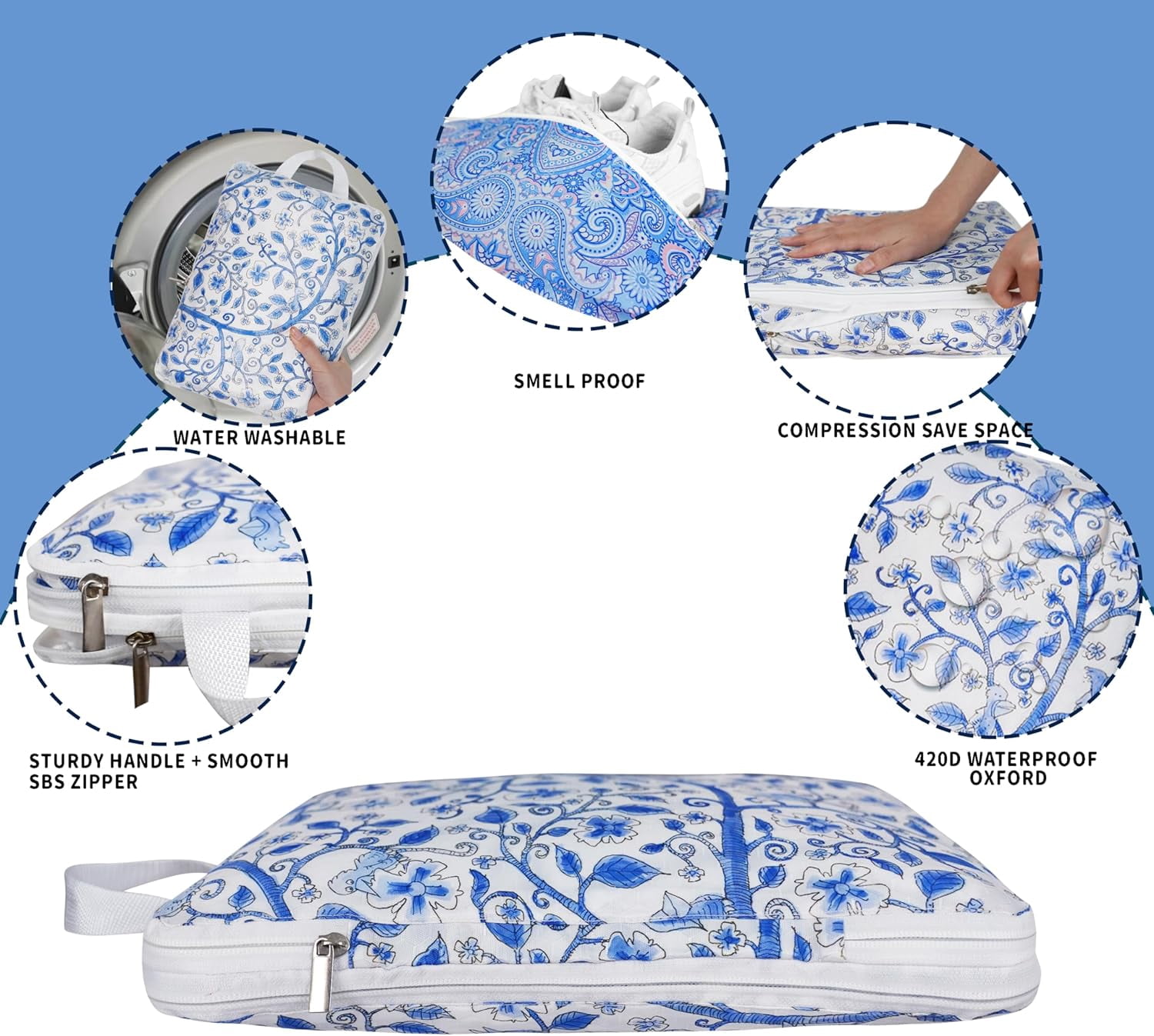 Compression Packing Cubes for Suitcases, 8 Set Travel Luggage Organizer Bags, Lightweight Waterproof Smell Proof Blue Pottery & Paisley Packing Cubes as Travel Accessories for Women