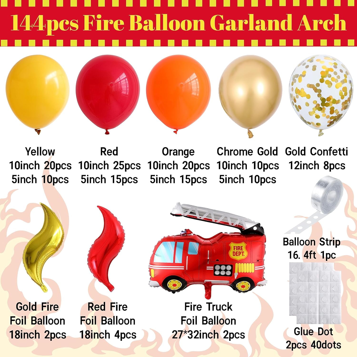 Fire Balloon Garland Arch Kit 144PCS Balloons with Fire Truck Foil Balloons for Fireman Birthday Party Supplies Firefighter Rescue Theme Decoration Red Yellow Chrome Gold