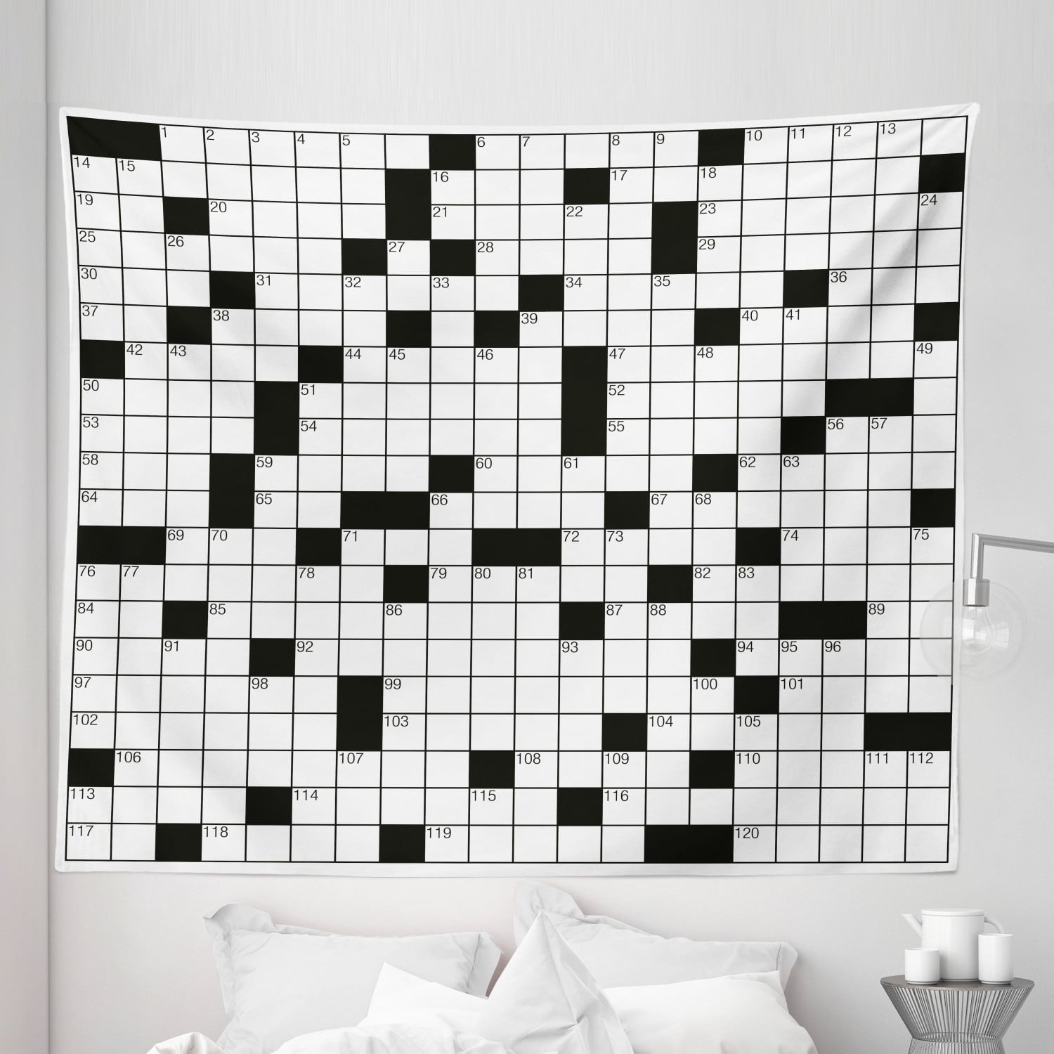 Word Search Puzzle Tapestry, Classical Crossword Black and White Boxes and Numbers Illustration