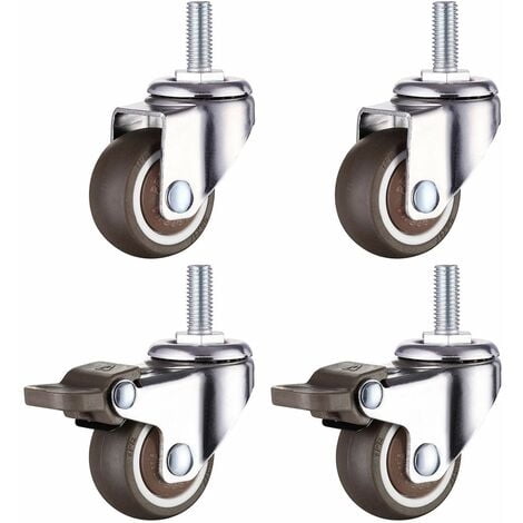 Heavy Duty Rubber Swivel Caster with M8 Threaded Stem for Hand Cart, Work Tables, Furniture Wheels, 1.5 inch, Thread Diameter: 8mm, Length 20mm, 2PCS with brake + 2PCS without