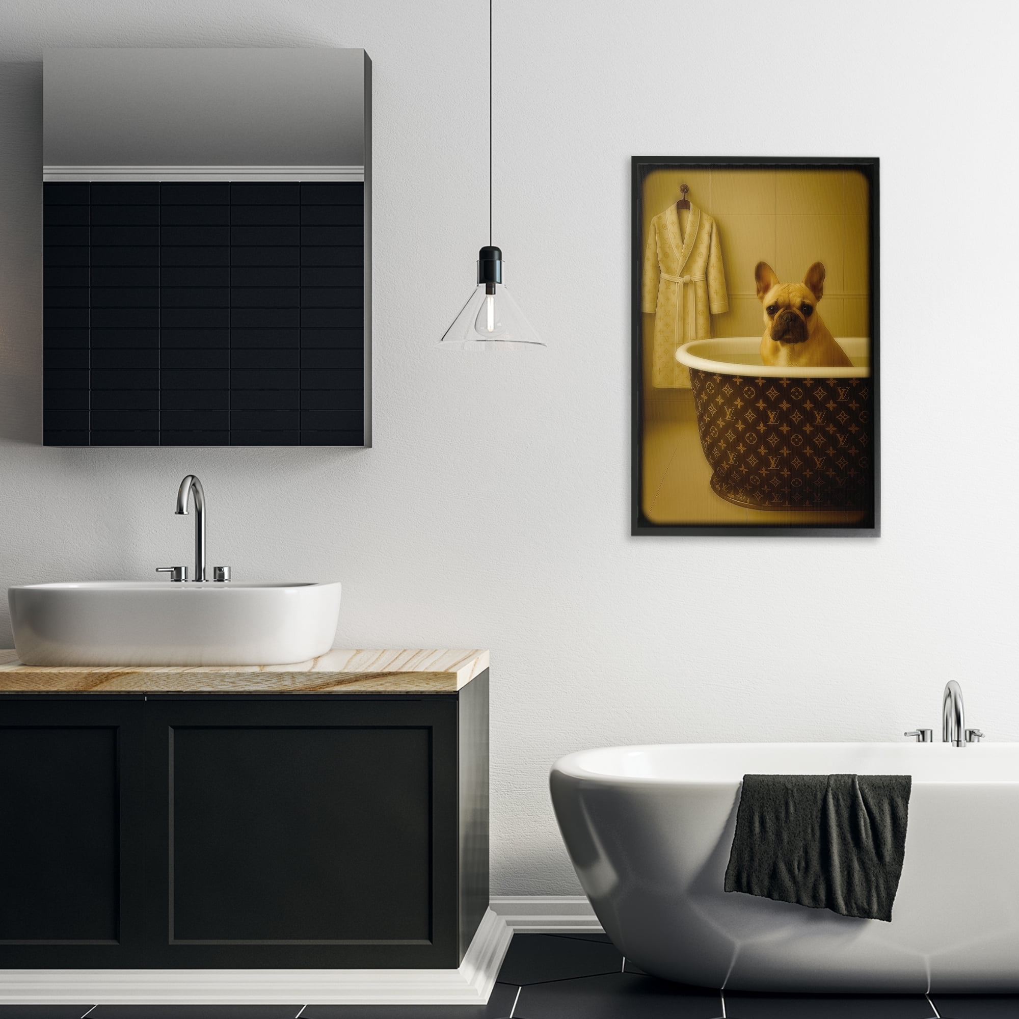 Stupell Industries Couture French Bulldog in Luxury Tub Black Framed Giclee Art, design by Grotto Studios