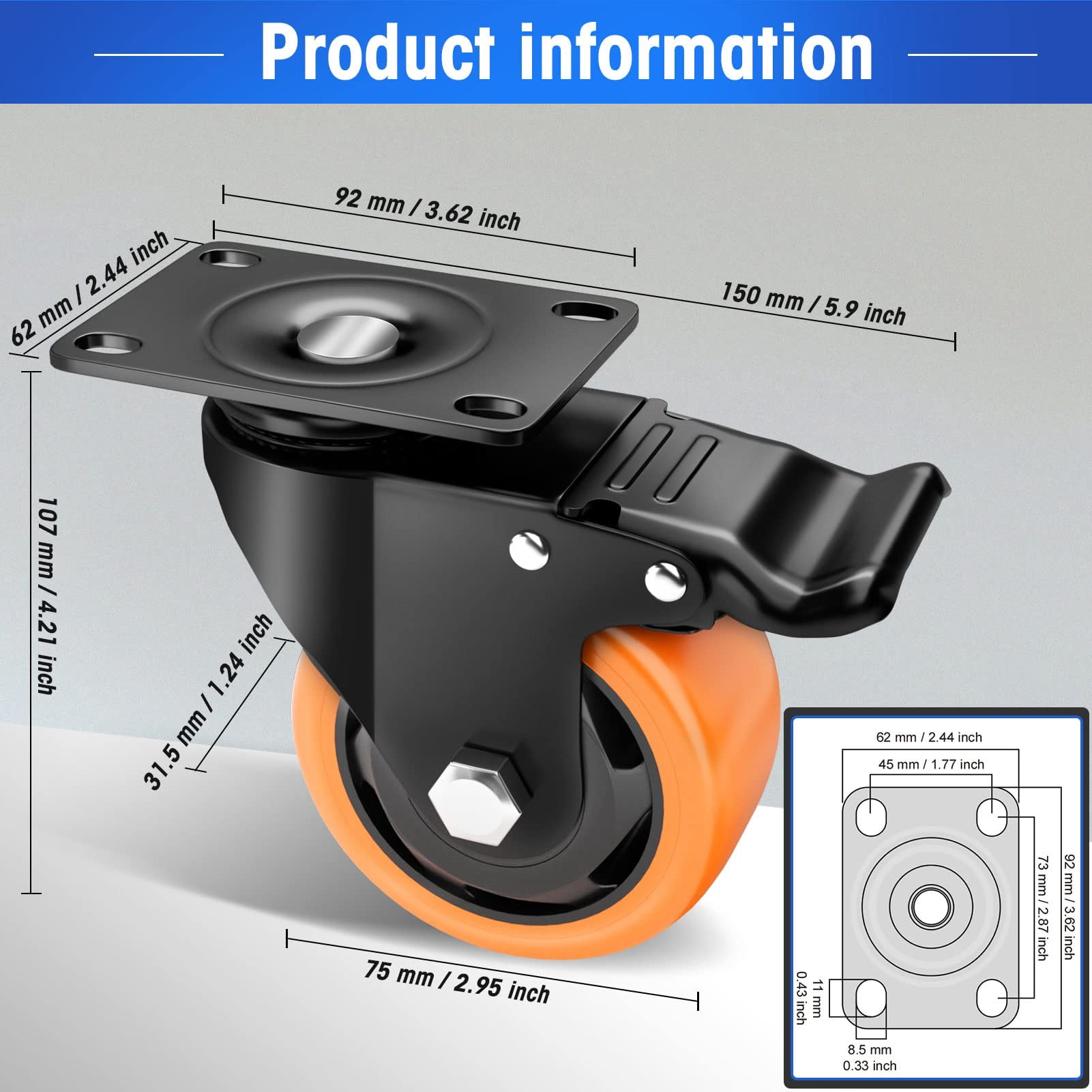Caster Wheels - 3 Inch Casters Set of 4 Heavy Duty - ASHGOOB Orange Polyurethane Castors, Top Plate Swivel Wheels, 4-Pack Industrial Casters with Brake, Locking Casters for Furniture and Workbench