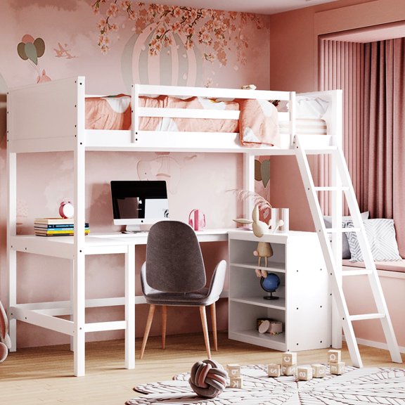 White Twin Loft Bed With Storage Shelves And Desk - Comfortable Practical Work Shelves. Made Of Quality Pine Wood. Make Most Your Room. No Foundation Needed