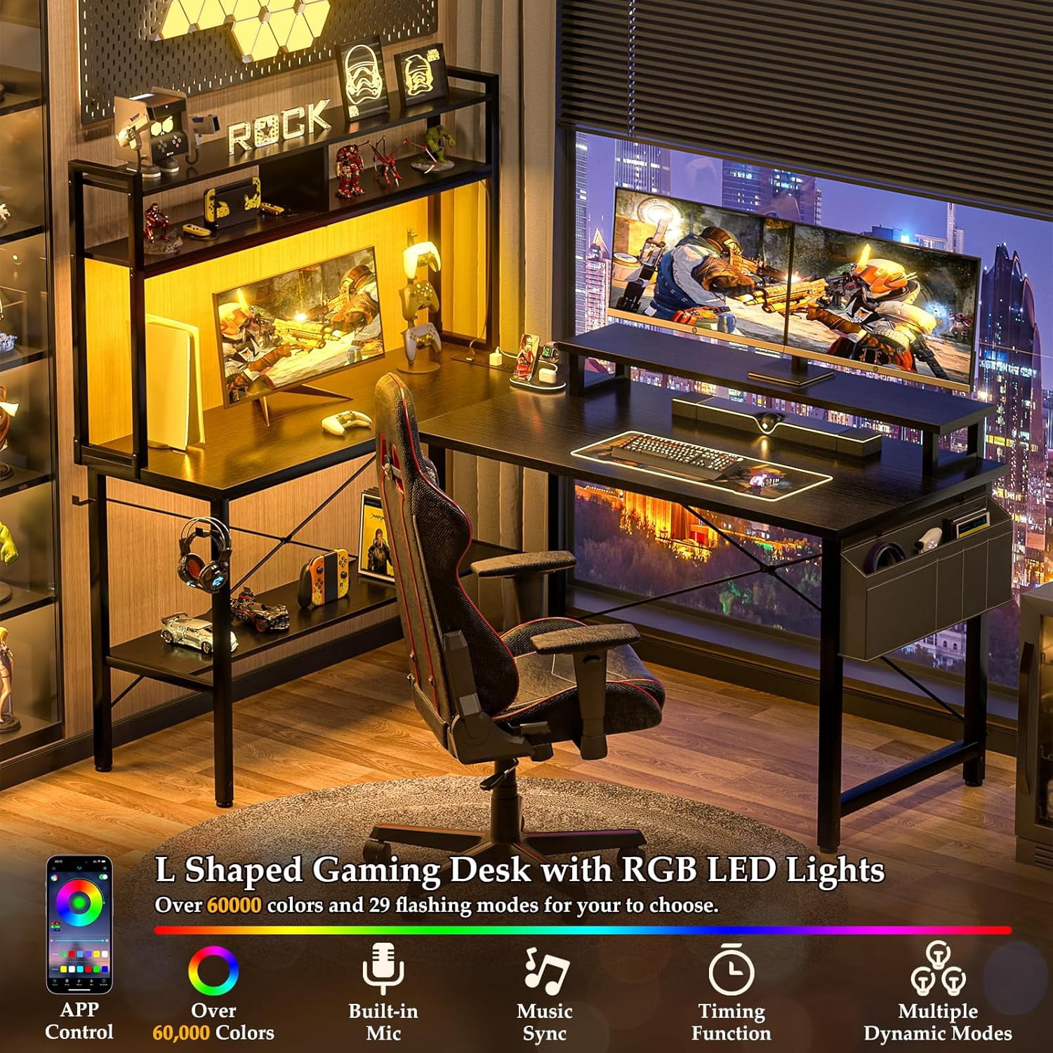iSunirm Reversible L Shaped Gaming Desk with LED Lights & Power Outlets, 49'' Small L Shaped Computer Corner Desk with Monitor Stand and Storage Shelf, for Home & Office, Black