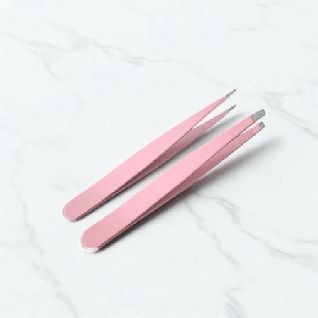 2 Piece Pink Stainless Steel Tweezers Set Straight and Slanted Tips for Eyebrows Makeup Hair Removal and Fabric Shaver