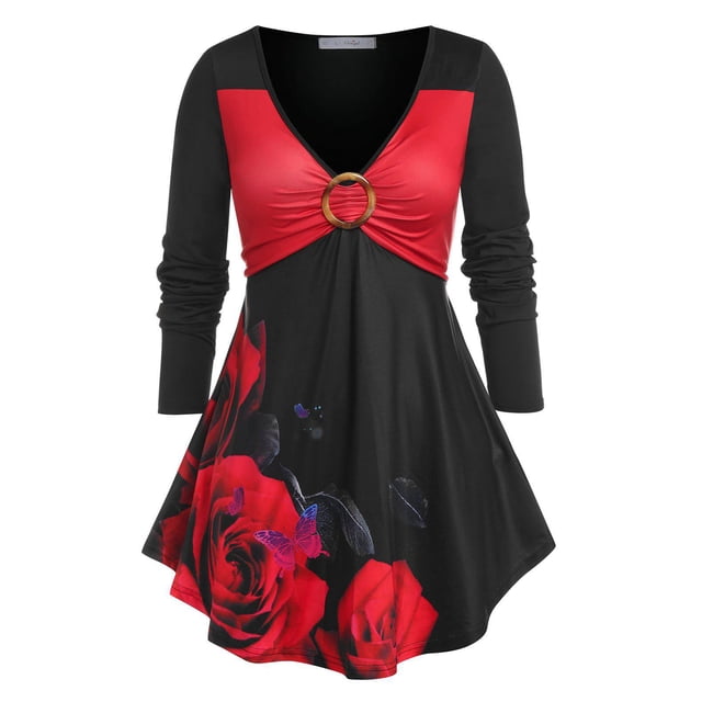 Camiseta Estampado Rosa Cruzado Tamaño Plus Rosegal Mangas largas de talla grande