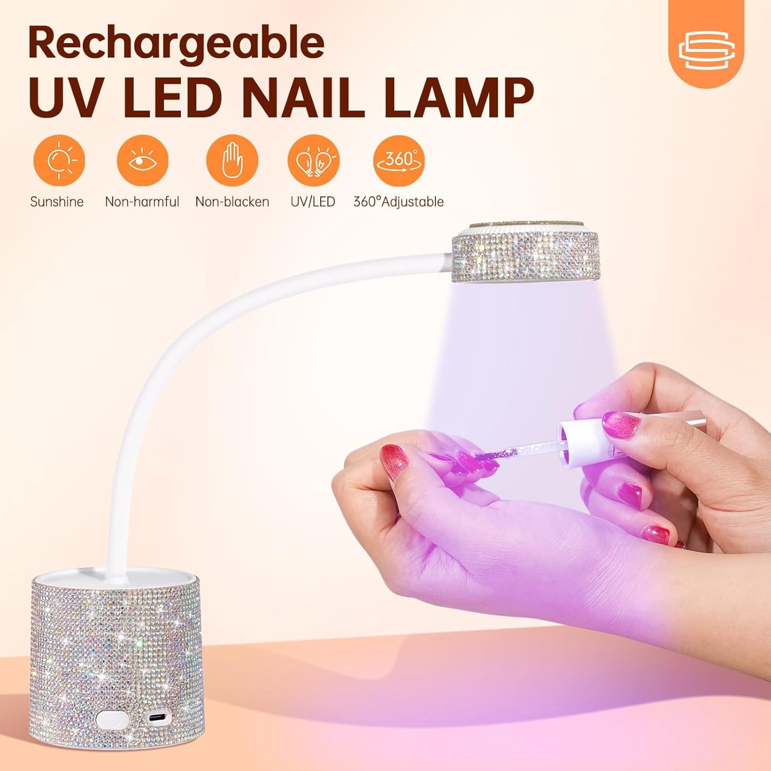 UV LED Nail Lamp, Mini UV Light for Gel Nails Polish, Rechargeable LED Flash Cure Nail Dryer, Quick Drying Goosenecks UV Nail Lamp for Home Nail Salon DIY Manicure, AB Diamond,Silver Sticky Diamond,A