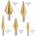 thumbnail image 3 of Broca escalonada, juego de brocas avellanadoras de titanio de 5 piezas con punzón central automático, HSS y revestimiento de titanio con carcasa de aluminio, hoja de corte doble, 3 of 5