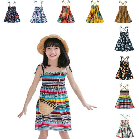 

Esho Toddler Girls Summer Dresses Size 12M-6T Baby Girl Sleeveless Floral Printed Beach Sundress 1-6Y Little Girls Elastic Spaghetti Strap Dress