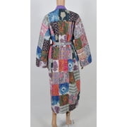Cotton Bath Robe, Stone Wash Indian Multi Patchwork Handmade Kantha Stitch Robe,Cotton Kimono,Cotton Robe,Swim Wear,Night Wear Free Size.