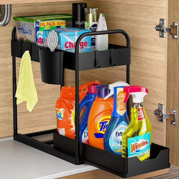 ShenMo 2 Tier Under Sink Storage, Smoothing Under Sink Organizer Drawer Shelf, Under Sink Shelf for Kitchen Bathroom, Black