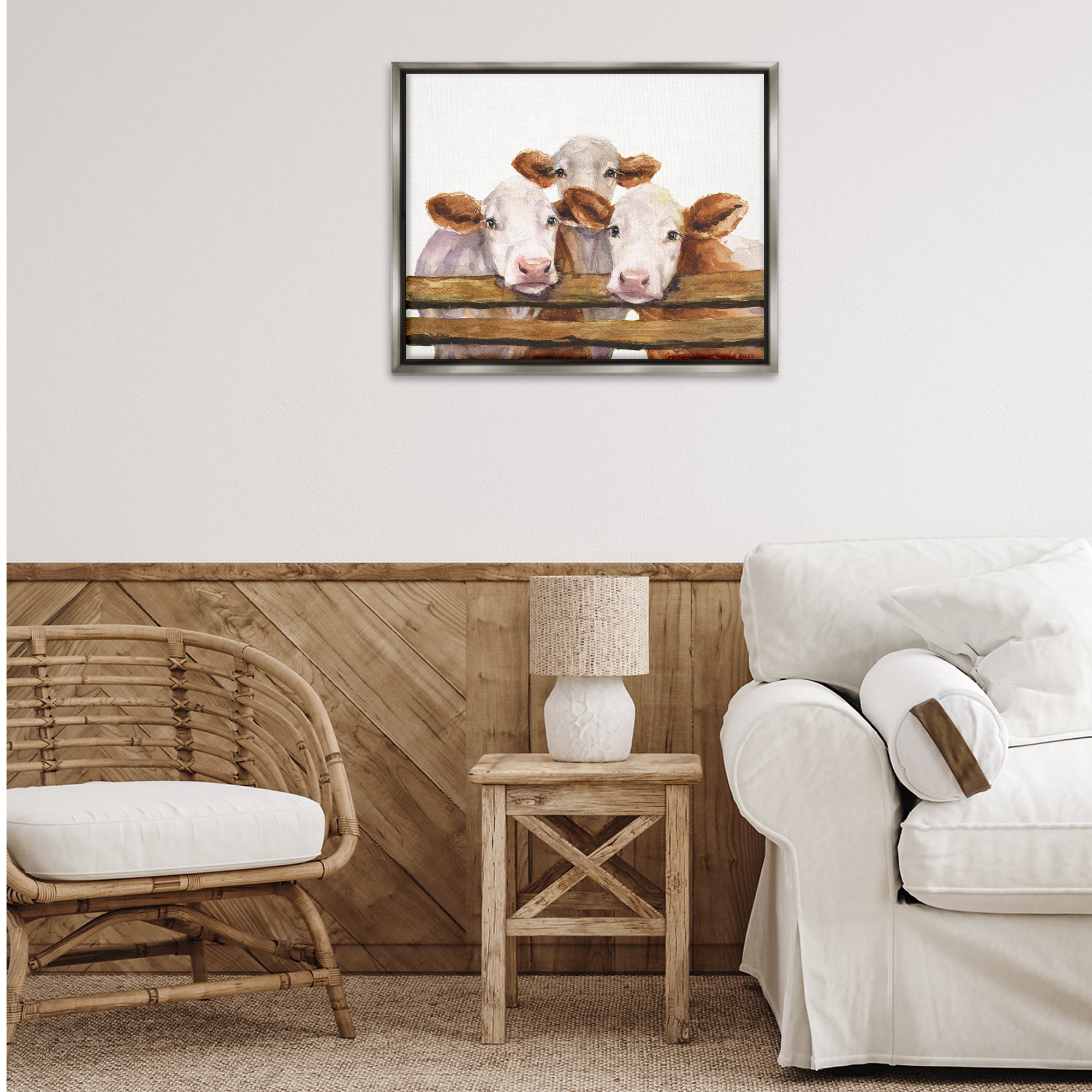 Stupell Industries Three Cow Friends Animals Painting Gray Floater Framed Canvas Art Print Wall Art, 31 x 25