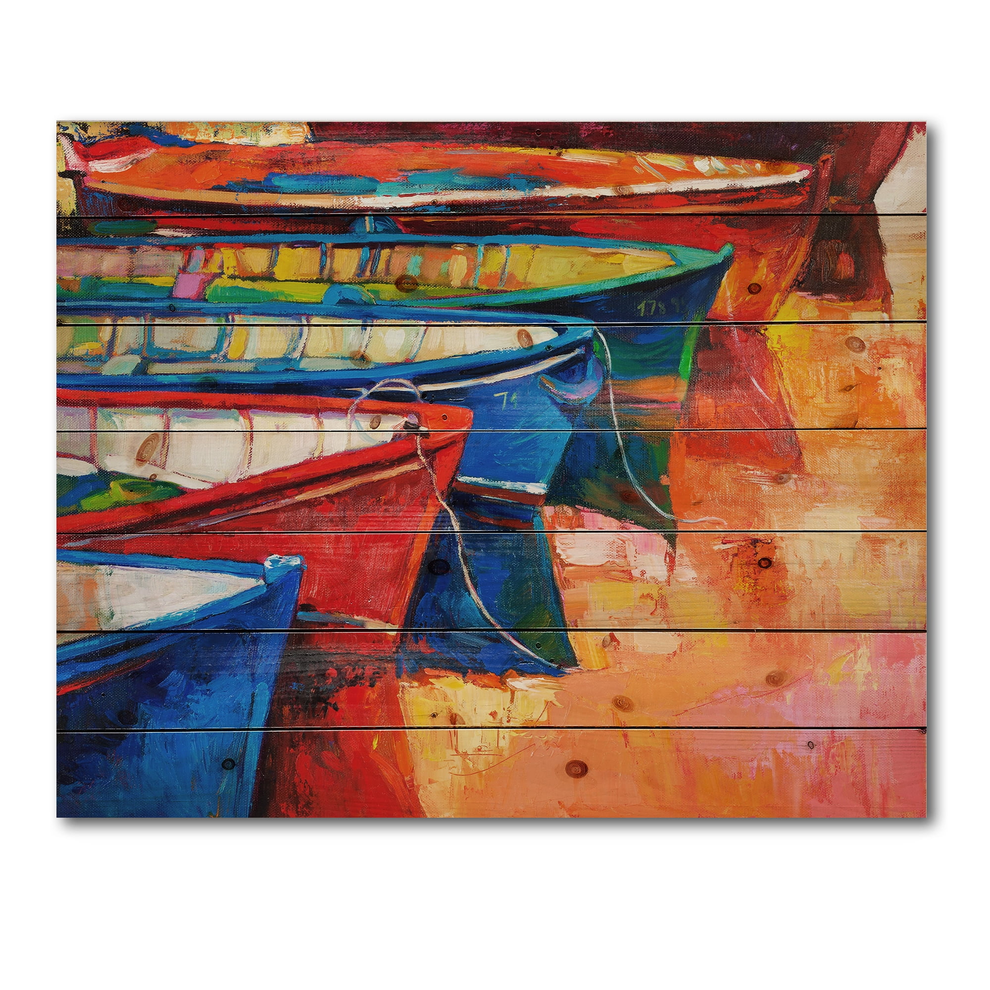 Designart 'Boats During Warm Colourd Sunset In The Harbor II' Nautical & Coastal Print on Natural Pine Wood