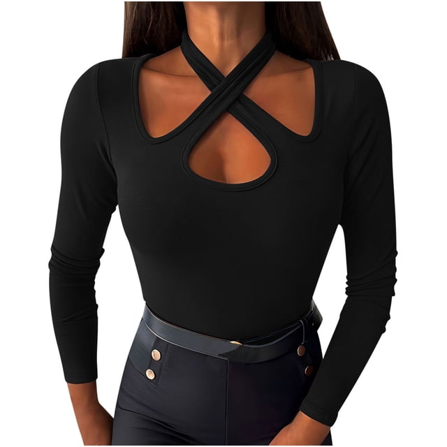 AherBiu Womens Ribbed Shirts Long Sleeve Tops Crossover Halter Cutout Slim Basic Layer Blouse