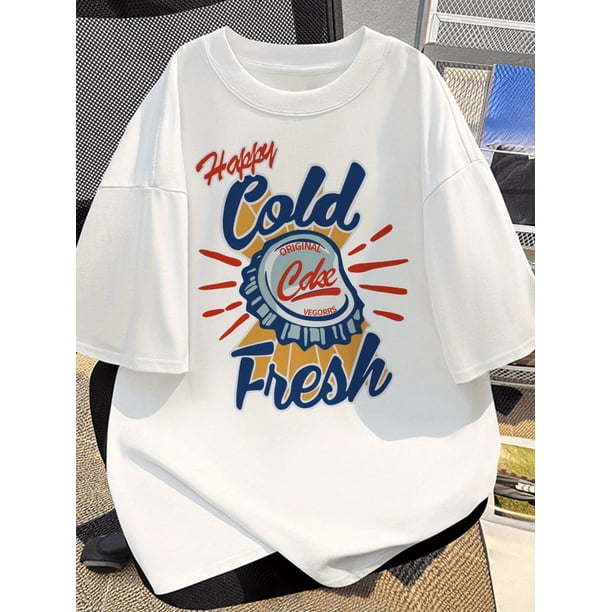 Men'S Vintage Cold Drink Bottle Cap Graphic T-Shirt - Cotton Crew Neck Tee, Retro Summer Casual Top with "Original Cold Drink" Print, Breathable & Comfortable for Casual Attire Crew Neck Tshirt