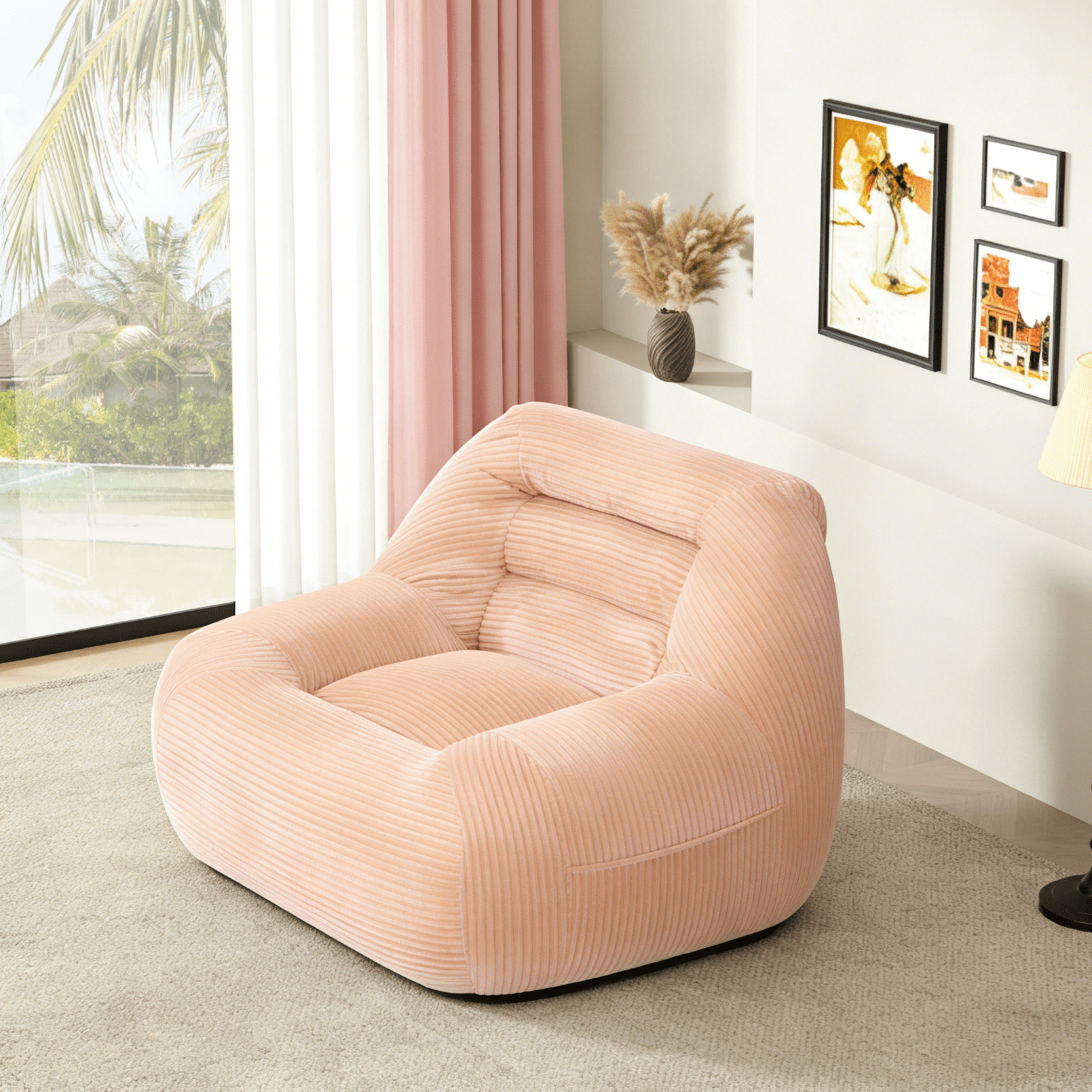 Corduroy Fabric Beanbag Couch for Living Room, Bedroom & Dorm, Cozy Fluffy Cloud Mini Couch,Pink
