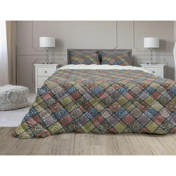 Mandala Comforter & Sham Bedding Set, Checkered Rectangles Pattern Various Oriental Inspired Motifs Culture, 3 pcs Duvet Set Microfiber Filling Quilt, 5 Sizes, Multicolor, by Ambesonne