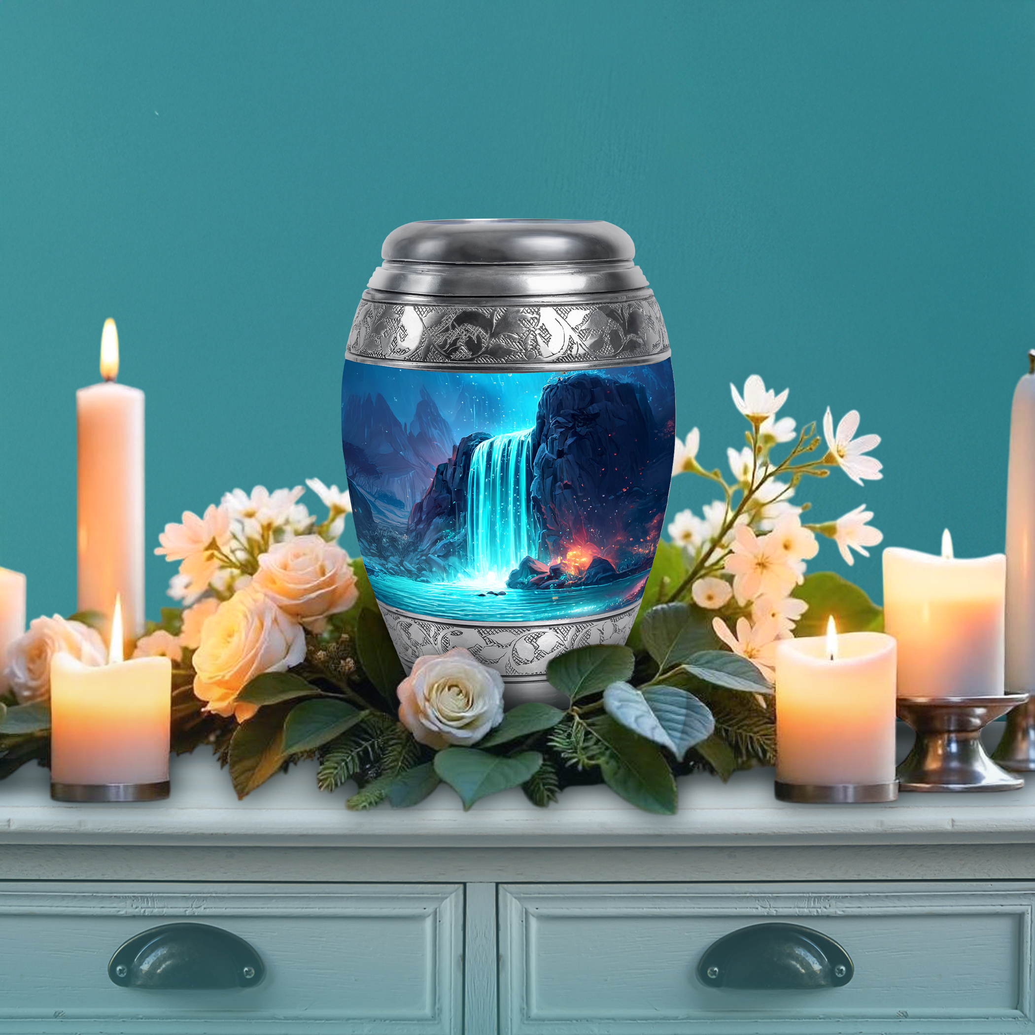 SABURIAL Waterfall Urn - Memorial Keepsakes For Ashes - Combo - 10 Inch Large With 3 Inch - Large Funeral Urns - Decorative Urn - Burial Urns For Male & Female