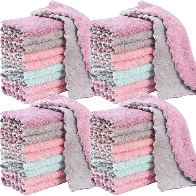 Super Absorbent Microfiber Towel Kitchen Cleaning Cloth Non-stick Oil Dishcloths Double Layer Washing Cloths Rags Scouring Pads Random Color 5PCS