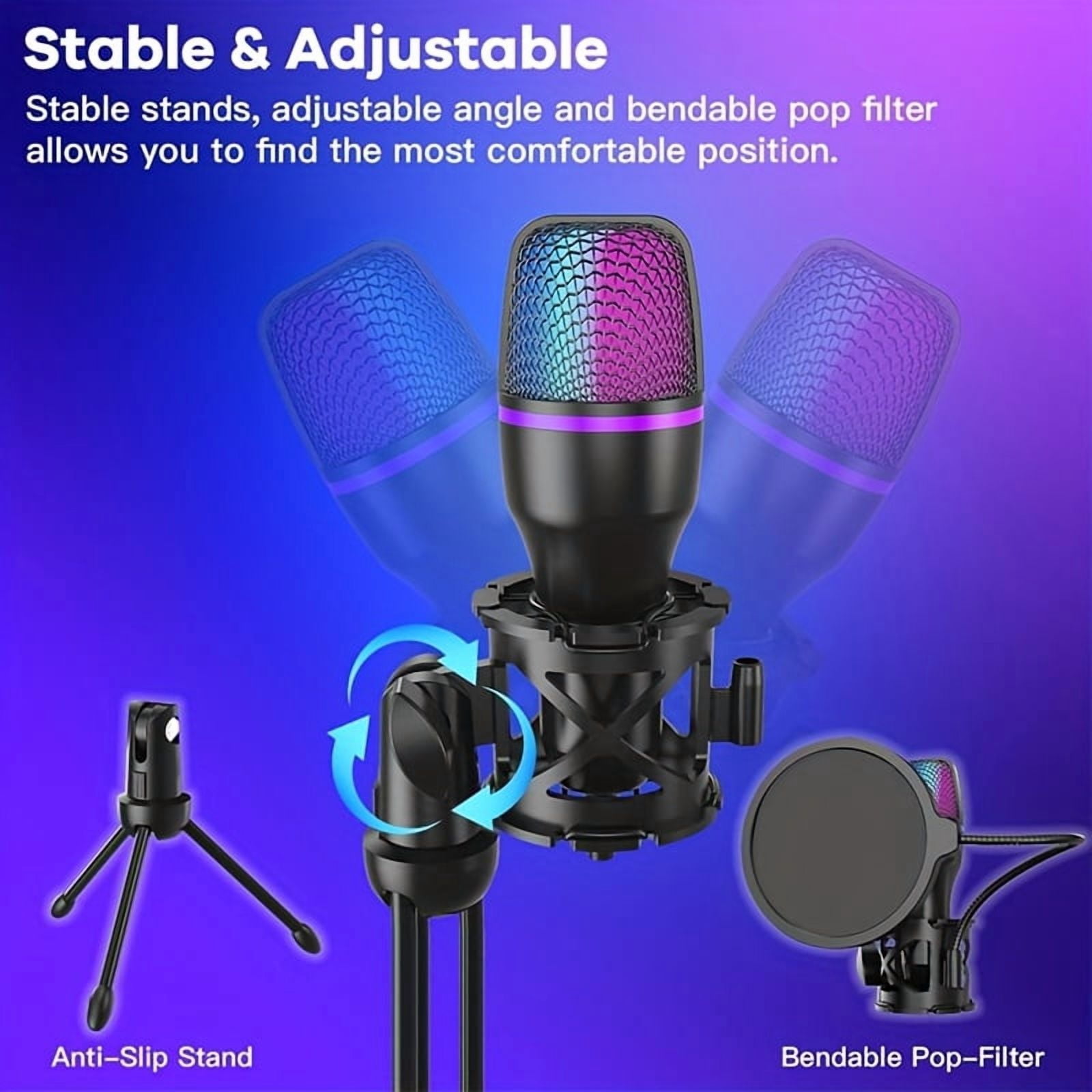 USB Condenser Microphone with Noise-Canceling, Portable Studio Recording & Streaming Mic for Gaming, Calls, Music, Compatible with PC, Laptop, Mobile Devices